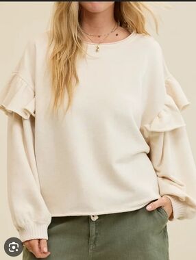 Aerie Womens Cream Ruffle-Sleeve Sweatshirt
